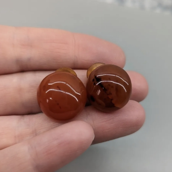 VTG Orange Amber Glass Marbled cabochon Button clip on earrings 1950s - Picture 4 of 5